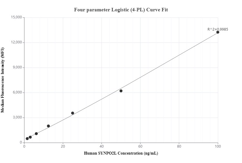 Cytometric bead array standard curve of MP00513-2, SYNPO2L Recombinant Matched Antibody Pair, PBS Only. Capture antibody: 83532-3-PBS. Detection antibody: 83532-4-PBS. Standard: Ag34027. Range: 1.56-100 ng/mL.  